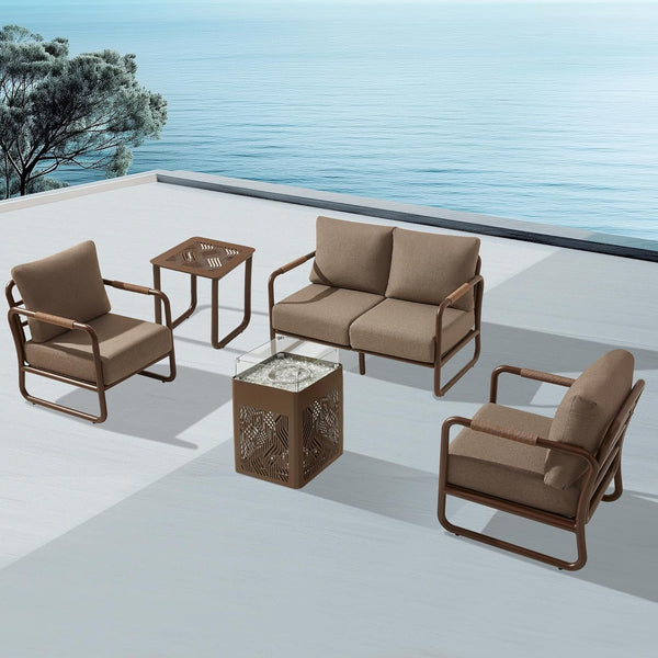 Aluminum four-seat patio conversation set with 45,000 BTU fire pit table, brown