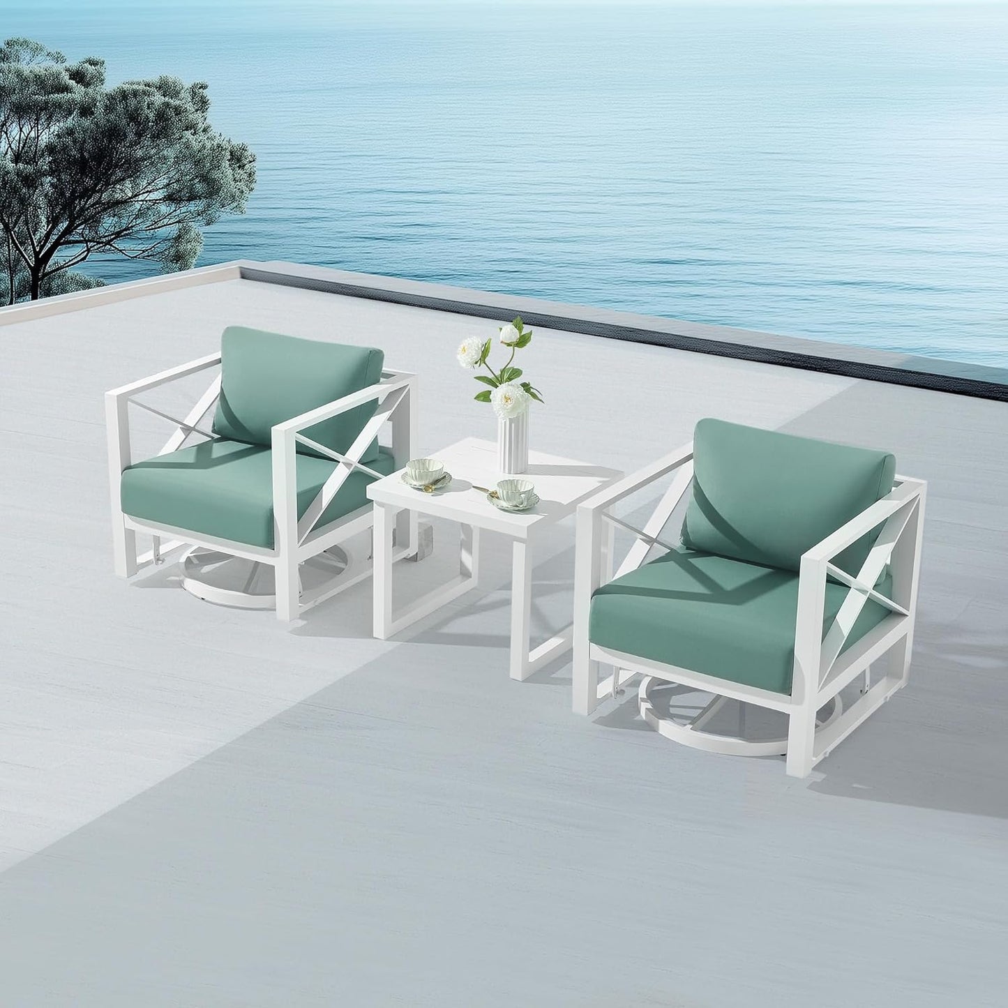 MBY 3 Piece Patio Outdoor Aluminum Swivel Rocking Chair with Coffee Table and 6" Thickened Cushions, All Weather Outdoor Furniture Chairs for Garden, Poolside, Deck-White