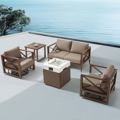 MBY Outdoor Aluminum Patio Furniture Set, 5-Seats Patio Conversation Sofa Set with 37,000 BTU Fire Pit Table w/Glass Wind Guard, All Weather for Pool, Balcony, Garden-Brown