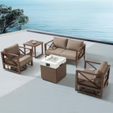 MBY Outdoor Aluminum Patio Furniture Set, 4-Seats Patio Conversation Sofa Set with 1 Corner Sofa and 37,000 BTU Fire Pit Table w/Glass Wind Guard, All Weather for Pool, Garden-Brown