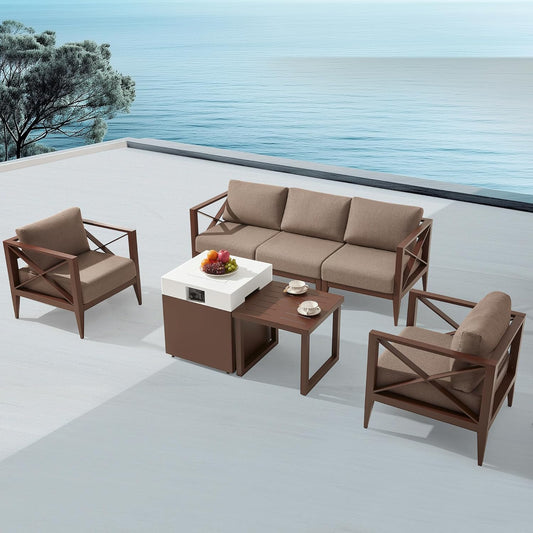 MBY Outdoor Aluminum Patio Furniture Set, 5-Seats Patio Conversation Sofa Set with 37,000 BTU Fire Pit Table w/Glass Wind Guard, All Weather for Pool, Balcony, Garden-Brown