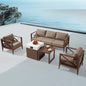 MBY Outdoor Aluminum Patio Furniture Set, 5-Seats Patio Conversation Sofa Set with 37,000 BTU Fire Pit Table w/Glass Wind Guard, All Weather for Pool, Balcony, Garden-Brown