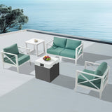 MBY Outdoor Aluminum Patio Furniture Set, 4-Seats Patio Conversation Sofa Set with 1 Corner Sofa and 37,000 BTU Fire Pit Table w/Glass Wind Guard, All Weather for Pool, Garden-Brown