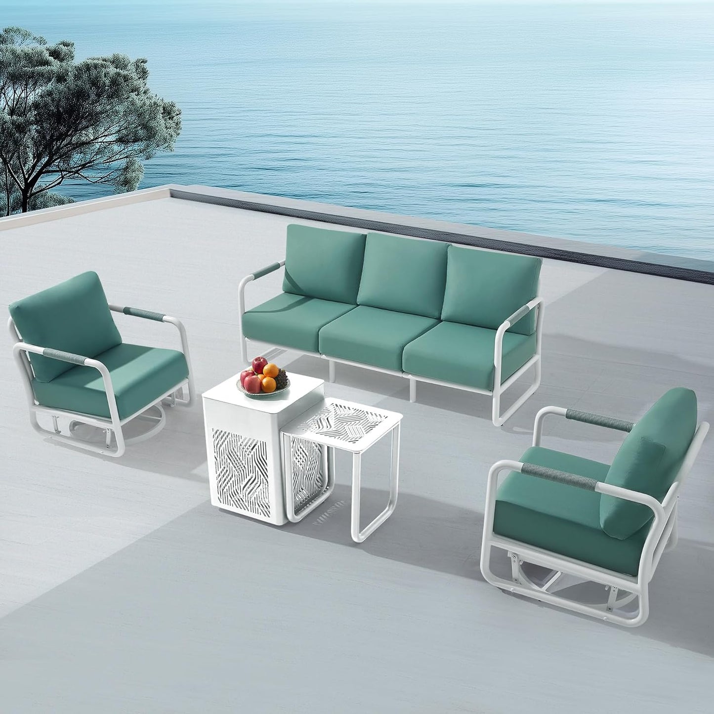 MBY Outdoor Aluminum Patio Furniture Set, 5-Seats Patio Conversation Sofa Set with 2 Swivel Rocking Chairs and 45,000 BTU Fire Pit Table w/Glass Wind Guard, All Weather for Balcony, Garden-White