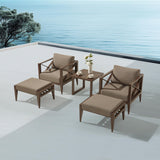 MBY Outdoor Aluminum Patio Furniture Set, 4-Seats Patio Conversation Sofa Set with 1 Corner Sofa and 37,000 BTU Fire Pit Table w/Glass Wind Guard, All Weather for Pool, Garden-Brown