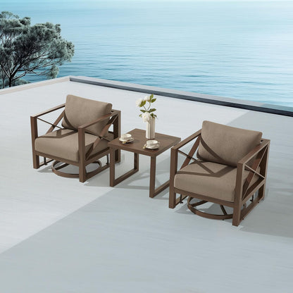 MBY 3 Piece Patio Outdoor Aluminum Swivel Rocking Chair with Coffee Table and 6" Thickened Cushions, All Weather Outdoor Furniture Chairs for Garden, Poolside, Deck-Brown