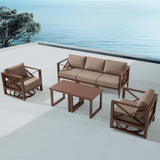 MBY Outdoor Aluminum Patio Furniture Set, 4-Seats Patio Conversation Sofa Set with 1 Corner Sofa and 37,000 BTU Fire Pit Table w/Glass Wind Guard, All Weather for Pool, Garden-Brown