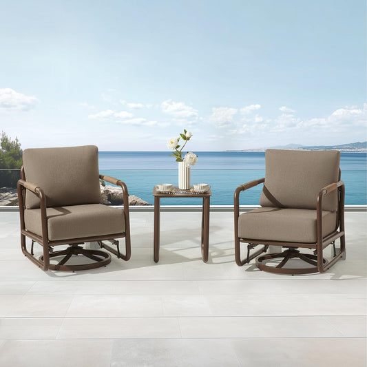 MBY 3 Piece Patio Outdoor Aluminum Swivel Rocking Chair with Coffee Table and 6.7" Thickened Cushions, All Weather Outdoor Furniture Chairs for Garden, Poolside, Deck-Brown