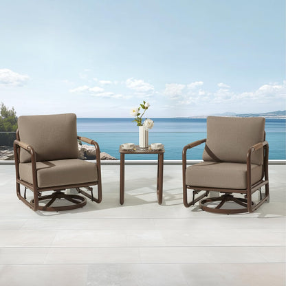 MBY 3 Piece Patio Outdoor Aluminum Swivel Rocking Chair with Coffee Table and 6.7" Thickened Cushions, All Weather Outdoor Furniture Chairs for Garden, Poolside, Deck-Brown