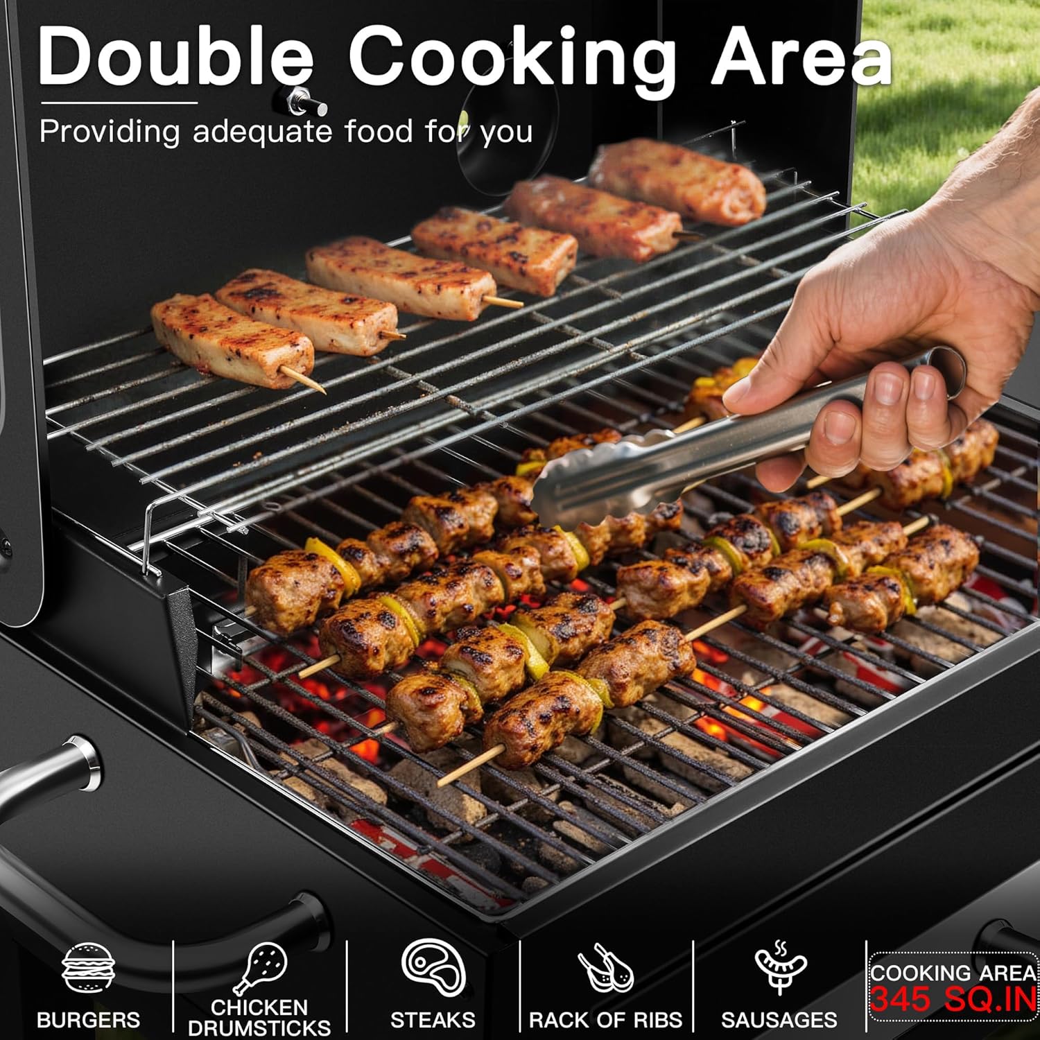 MBY Portable Charcoal Grill and Smoker Combo with Offset Firebox, Side Shelf & Warming Rack, Outdoor BBQ Grill for Camping, Tailgating, Picnic & Backyard BBQ