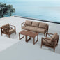 MBY Outdoor Aluminum Patio Furniture Set, 4-Seats Patio Conversation Sofa Set with 1 Corner Sofa and 37,000 BTU Fire Pit Table w/Glass Wind Guard, All Weather for Pool, Garden-Brown