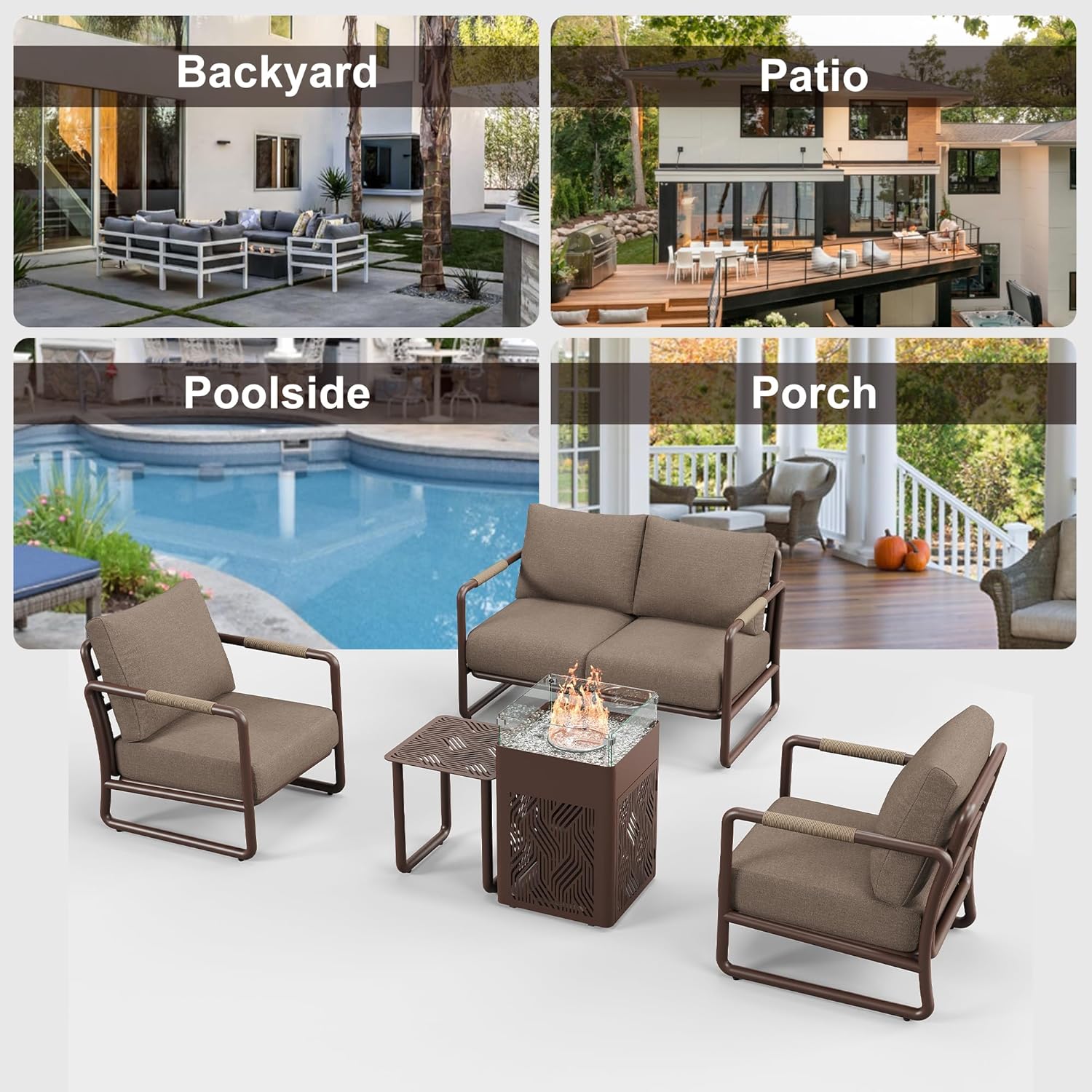 MBY Outdoor Aluminum Patio Furniture Set, 4-Seats Patio Conversation Sofa Set with 45,000 BTU Fire Pit Table w/Glass Wind Guard, All Weather for Pool, Balcony, Garden-Brown