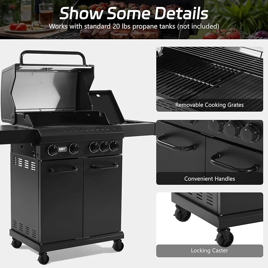MBY 4-Burner Propane Gas Grill with Side Burner, 50,000 BTU Heavy Duty BBQ Grill, Cast Iron Griddle & Cooking Grates for Outdoor Barbecue