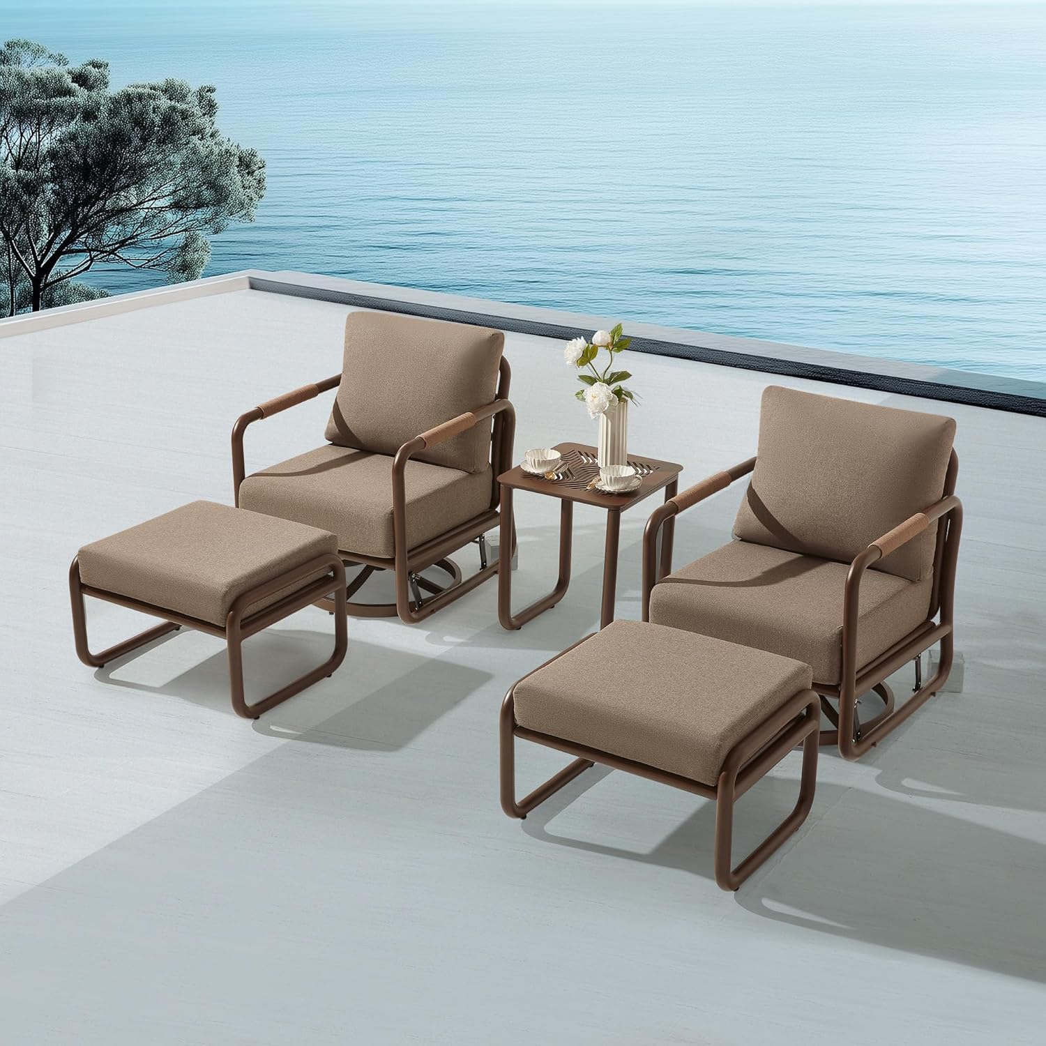 MBY 5 Piece Patio Outdoor Aluminum Swivel Rocking Chair with 6.7" Thickened Cushions and 2 Ottomans, All Weather Outdoor Furniture Chairs for Garden, Poolside, Deck-Brown