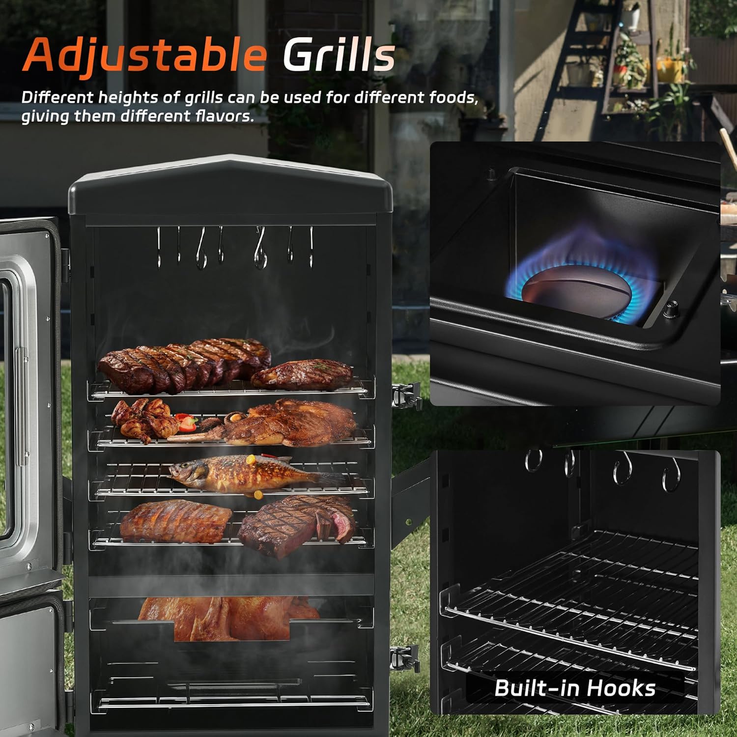 MBY Vertical Propane Smoker Grill with Cover, 4 Removable Shelves, Temperature Control, Heavy Duty Outdoor Gas Smoker for BBQ Cooking