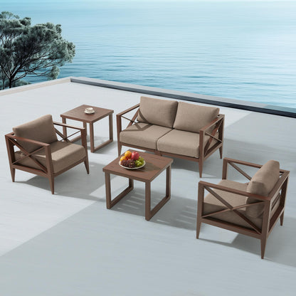 MBY Outdoor Aluminum Patio Furniture Set, 5-Seats Patio Conversation Sofa Set with 37,000 BTU Fire Pit Table w/Glass Wind Guard, All Weather for Pool, Balcony, Garden-Brown