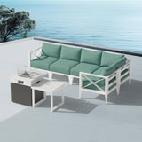 MBY Outdoor Aluminum Patio Furniture Set, 4-Seats Patio Conversation Sofa Set with 1 Corner Sofa and 37,000 BTU Fire Pit Table w/Glass Wind Guard, All Weather for Pool, Garden-Brown