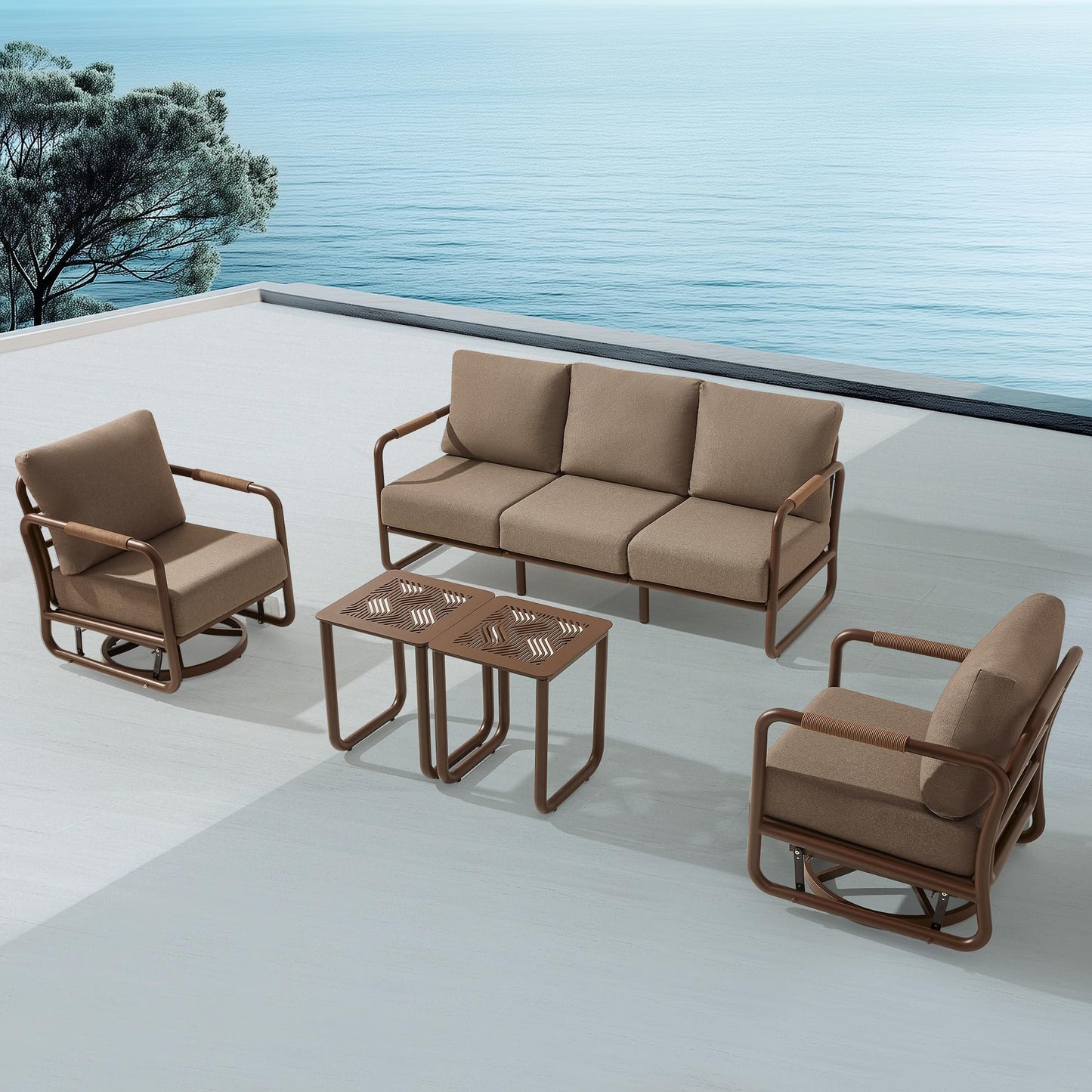 MBY Outdoor Aluminum Patio Furniture Set, 4-Seats Patio Conversation Sofa Set with 2 Coffee Tables and 2 Swivel Rocking Chairs, All Weather for Balcony, Garden-Brown