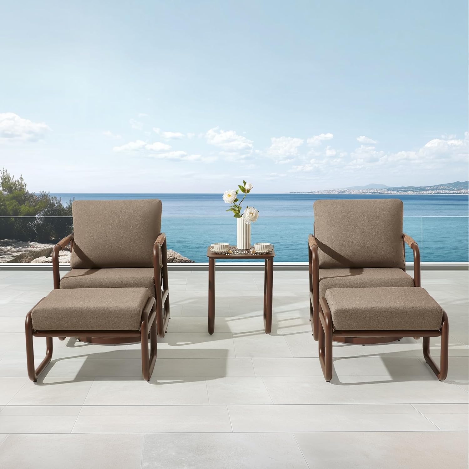 MBY 5 Piece Patio Outdoor Aluminum Swivel Rocking Chair with 6.7" Thickened Cushions and 2 Ottomans, All Weather Outdoor Furniture Chairs for Garden, Poolside, Deck-Brown