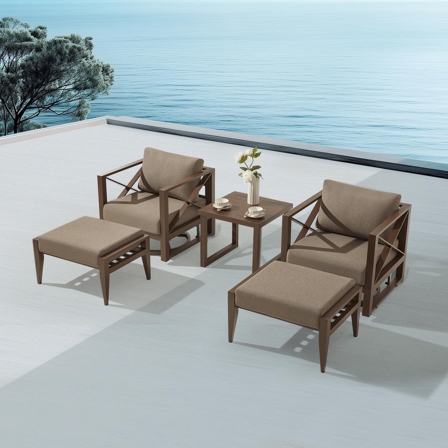 MBY 3 Piece Patio Outdoor Aluminum Swivel Rocking Chair with Coffee Table and 6.7" Thickened Cushions, All Weather Outdoor Furniture Chairs for Garden, Poolside, Deck-Brown