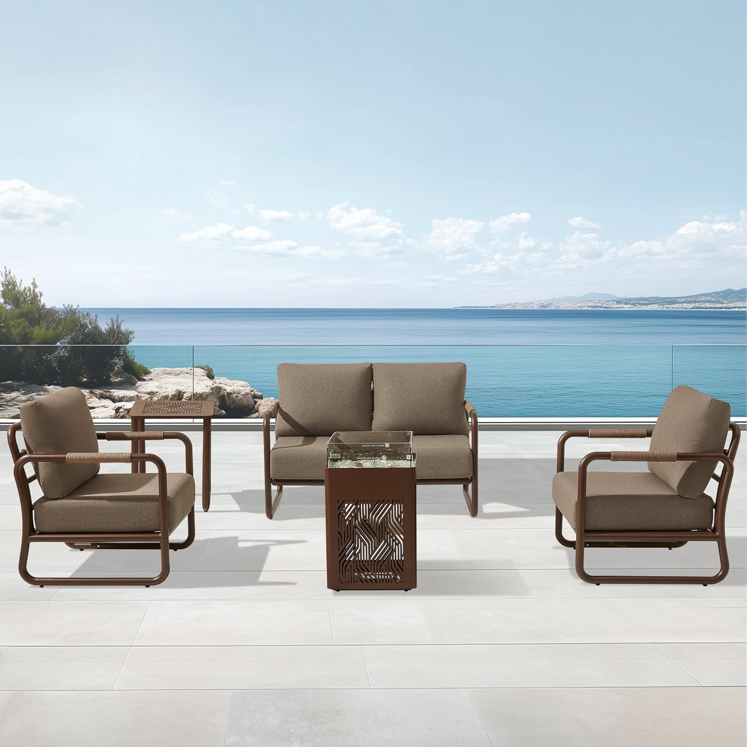 MBY Outdoor Aluminum Patio Furniture Set, 4-Seats Patio Conversation Sofa Set with 45,000 BTU Fire Pit Table w/Glass Wind Guard, All Weather for Pool, Balcony, Garden-Brown