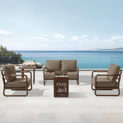 MBY Outdoor Aluminum Patio Furniture Set, 4-Seats Patio Conversation Sofa Set with 45,000 BTU Fire Pit Table w/Glass Wind Guard, All Weather for Pool, Balcony, Garden-Brown