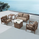 MBY Outdoor Aluminum Patio Furniture Set, 4-Seats Patio Conversation Sofa Set with 1 Corner Sofa and 37,000 BTU Fire Pit Table w/Glass Wind Guard, All Weather for Pool, Garden-Brown