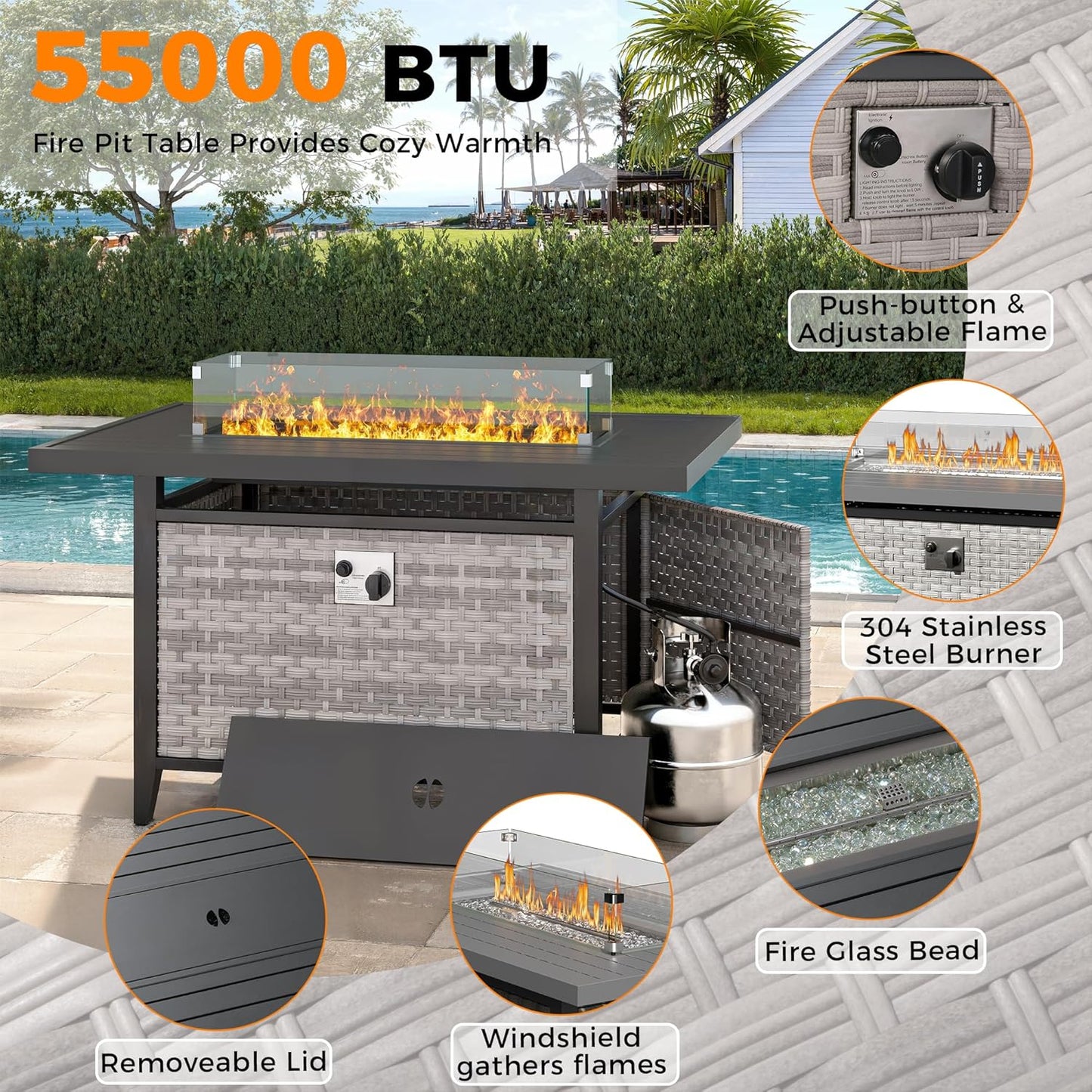 Outdoor Wicker Rattan Sectional Sofa Set with Swivel Chairs & Fire Pit Table, with 4" Thickened Cushions & Coffee Table, All-Weather PE Rattan for Garden, Backyard, Porch
