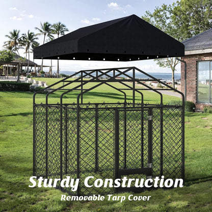 Heavy Duty Outdoor Dog Kennel with Roof – Large Dog Enclosure & Weatherproof Dog House, Secure Metal Fence Playpen with Double Lock & Feeding Swivel Door for Big Dogs