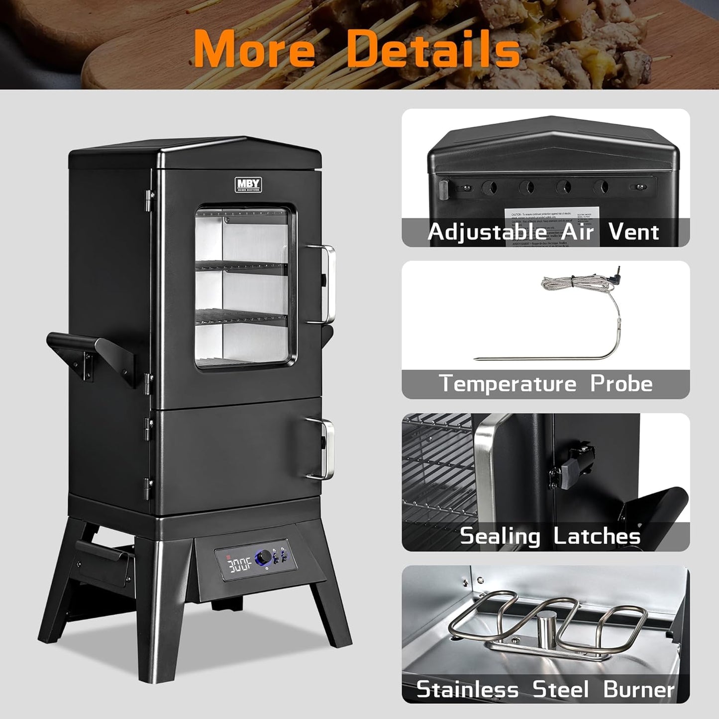 Large Vertical Electric Smoker Grill – 633 sq in | 4-Rack BBQ Smoker with Built-in Meat Probe, Wood Chip Loader &Weather-Resistant Cover – Perfect for Steak, Fish, Ribs (Black)