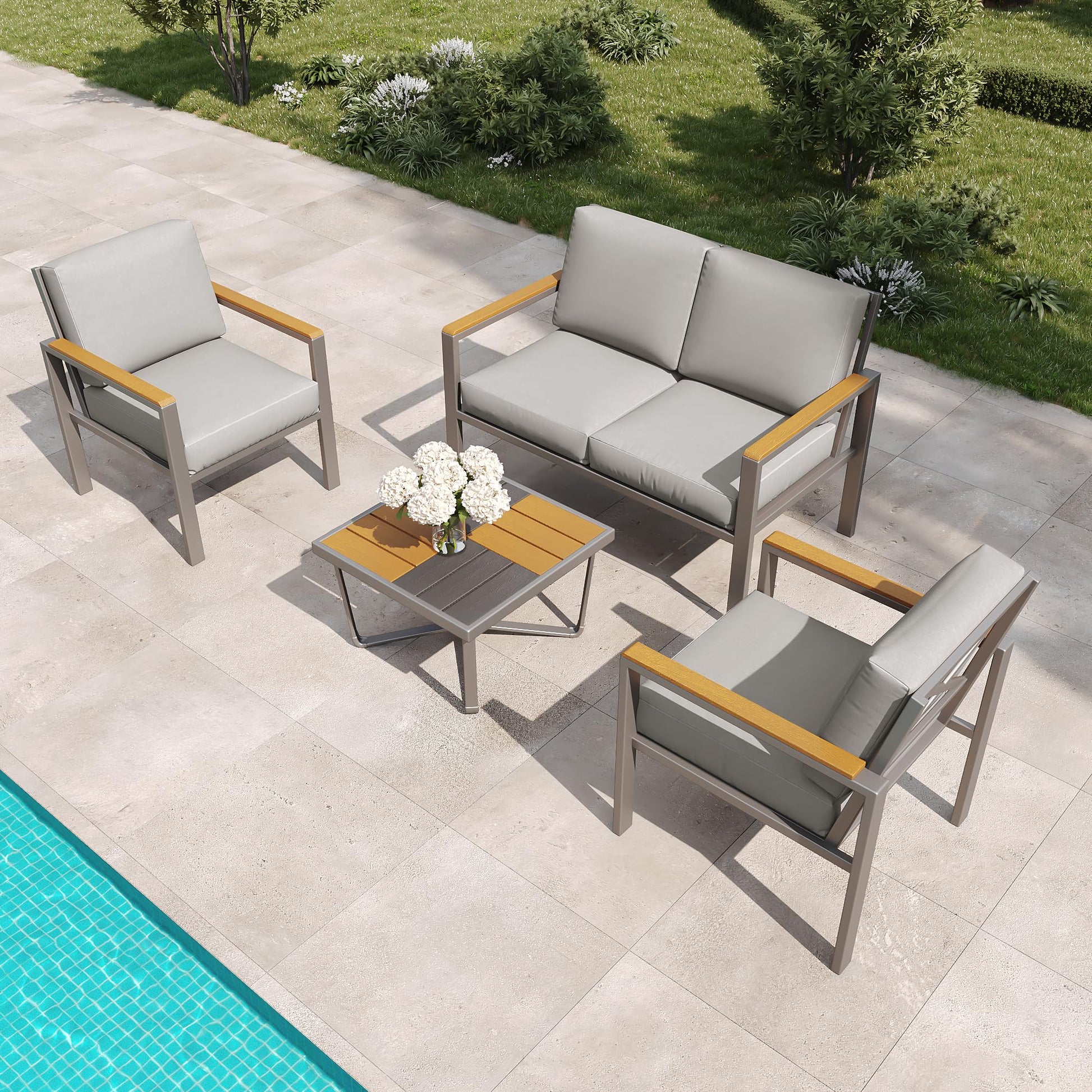 MBY 5-Piece Modern Patio Furniture Set with Fire Pit Table, Metal Outdoor Sectional with Cushions & Wood-Like Armrests, Cozy Conversation Set for Porch, Balcony, Garden, Yard-Brown