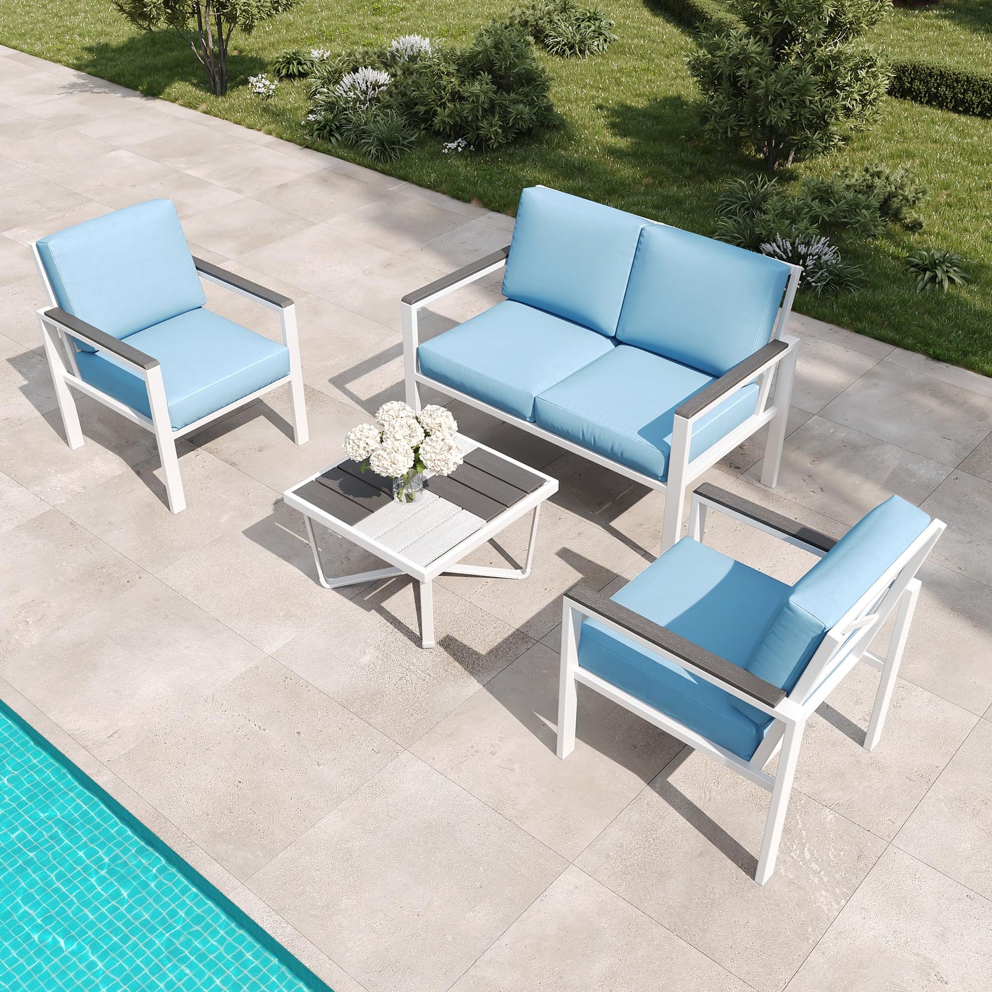 MBY 5-Piece Modern Patio Furniture Set with Fire Pit Table, Metal Outdoor Sectional with Cushions & Wood-Like Armrests, Cozy Conversation Set for Porch, Balcony, Garden, Yard-Brown