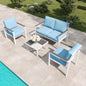 MBY 5-Piece Modern Patio Furniture Set with Fire Pit Table, Metal Outdoor Sectional with Cushions & Wood-Like Armrests, Cozy Conversation Set for Porch, Balcony, Garden, Yard-Brown
