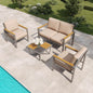 MBY 5-Piece Modern Patio Furniture Set with Fire Pit Table, Metal Outdoor Sectional with Cushions & Wood-Like Armrests, Cozy Conversation Set for Porch, Balcony, Garden, Yard-Brown