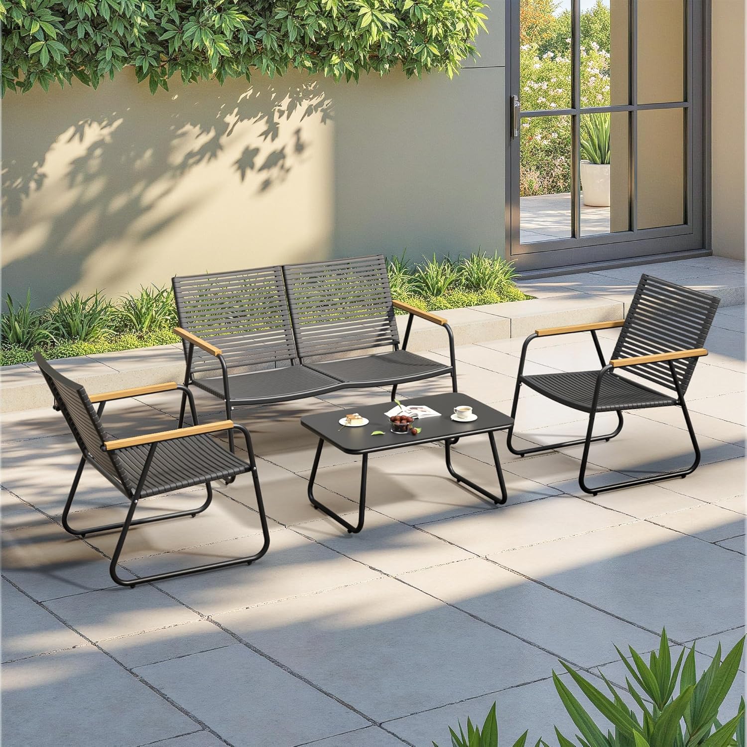 MBY 4-Piece Patio Furniture Set, Compact Outdoor Conversation Set with Loveseat, 2 Chairs and Glass Table, Weather-Resistant for Apartment Patio, Small Spaces, Balcony, Backyard – Black