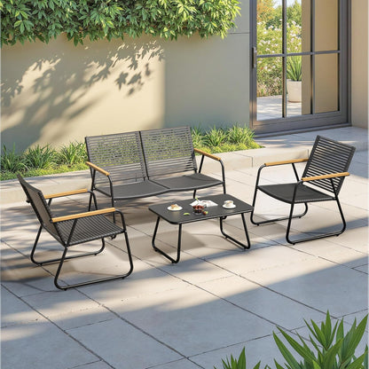 MBY 4-Piece Patio Furniture Set, Compact Outdoor Conversation Set with Loveseat, 2 Chairs and Glass Table, Weather-Resistant for Apartment Patio, Small Spaces, Balcony, Backyard – Black