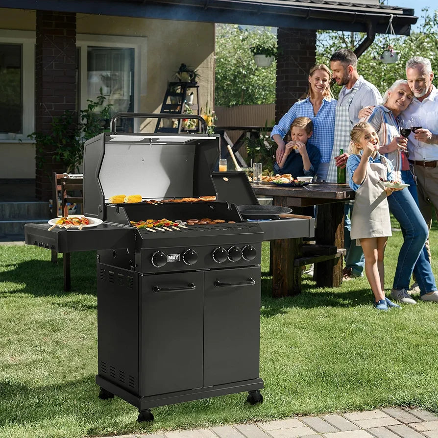 MBY 4-Burner Propane Gas Grill with Side Burner, 50,000 BTU Heavy Duty BBQ Grill, Cast Iron Griddle & Cooking Grates for Outdoor Barbecue