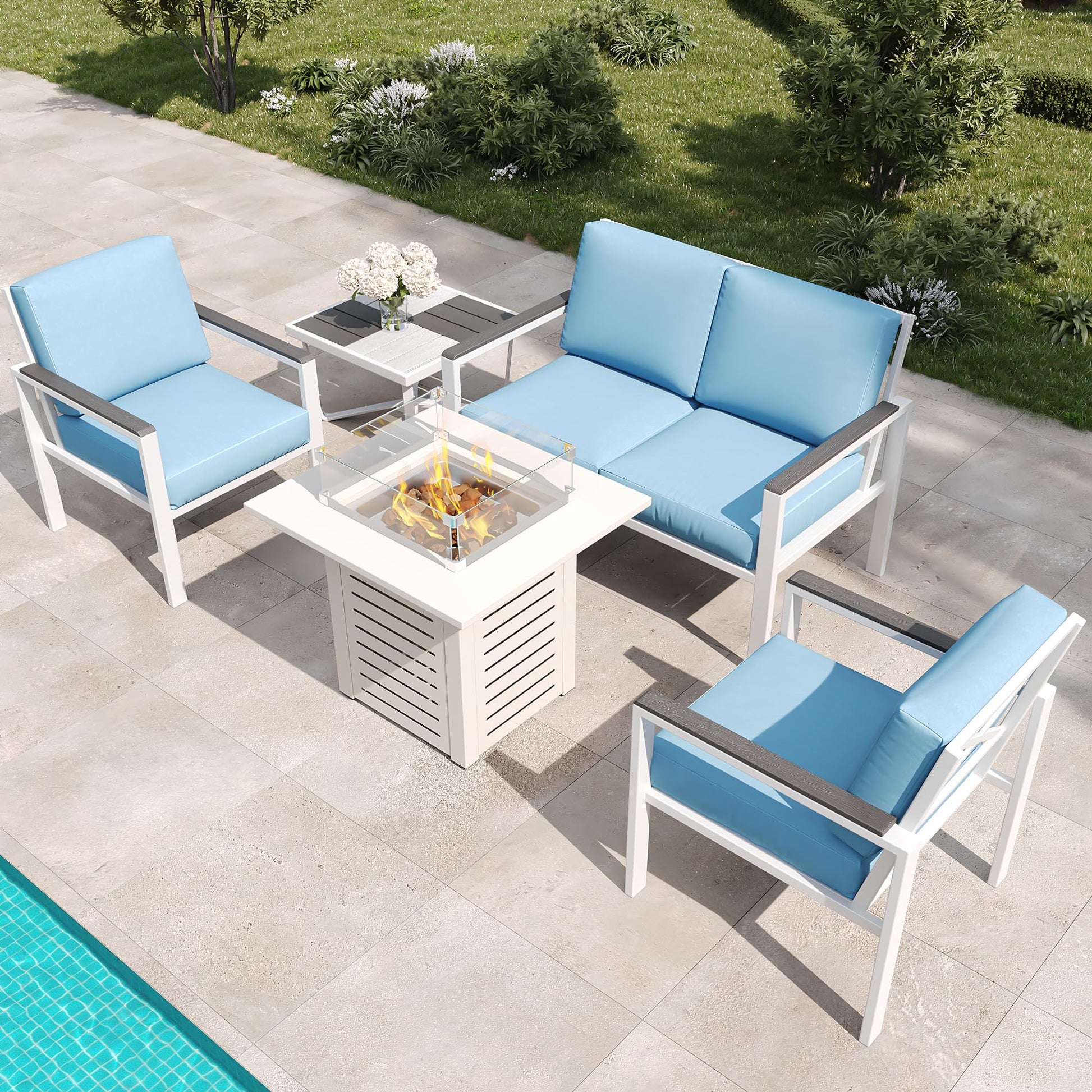 MBY 5-Piece Modern Patio Furniture Set with Fire Pit Table, Metal Outdoor Sectional with Cushions & Wood-Like Armrests, Cozy Conversation Set for Porch, Balcony, Garden, Yard-Brown