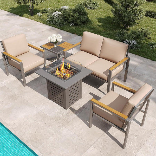 Five-piece metal patio conversation set with fire pit table and wood-look armrests, brown