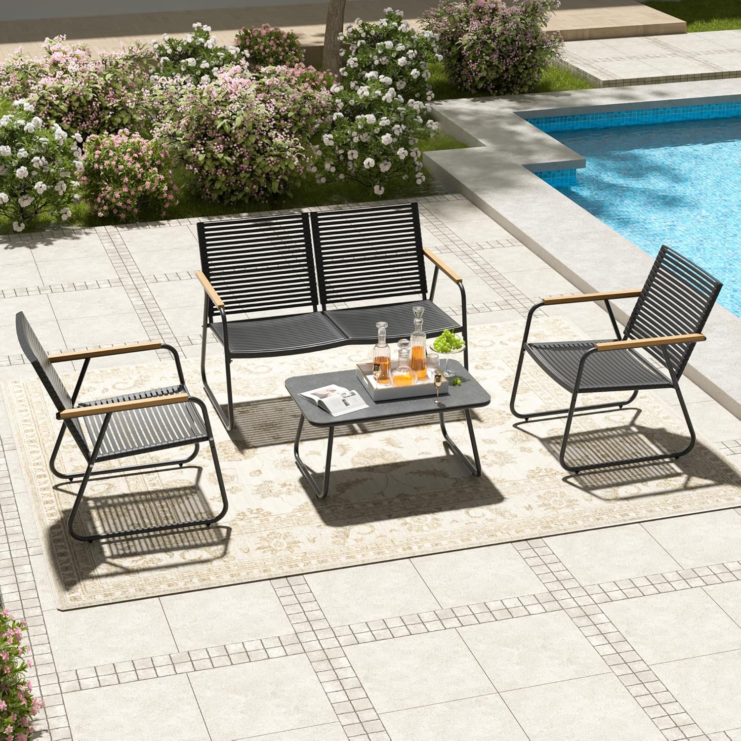MBY 4-Piece Patio Furniture Set, Compact Outdoor Conversation Set with Loveseat, 2 Chairs and Glass Table, Weather-Resistant for Apartment Patio, Small Spaces, Balcony, Backyard – Black