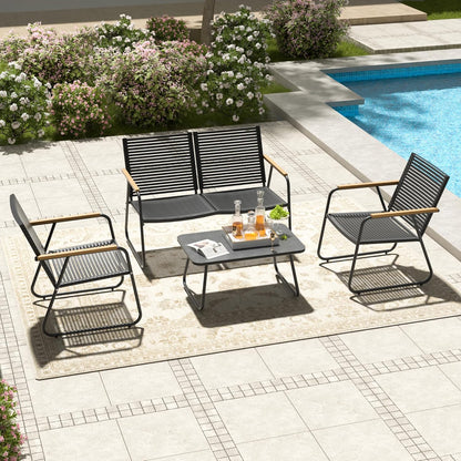 MBY 4-Piece Patio Furniture Set, Compact Outdoor Conversation Set with Loveseat, 2 Chairs and Glass Table, Weather-Resistant for Apartment Patio, Small Spaces, Balcony, Backyard – Black