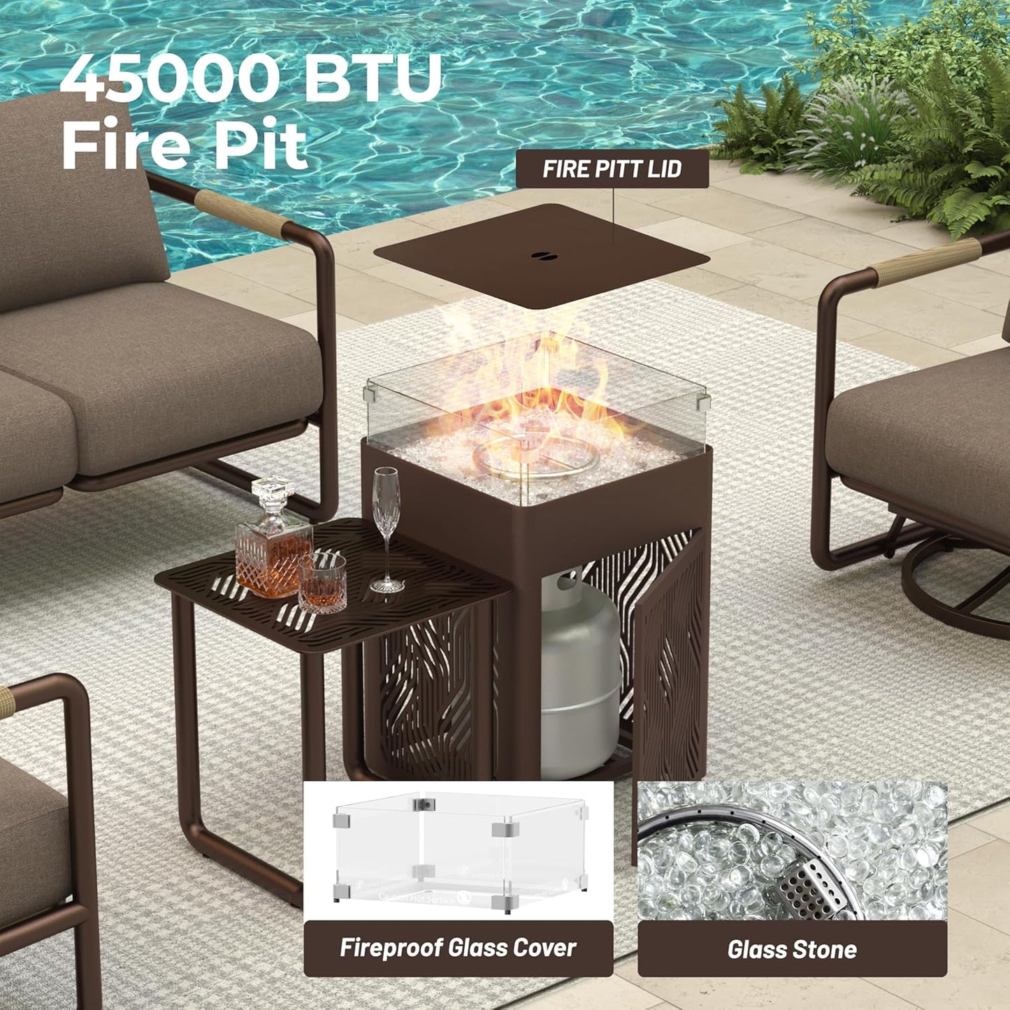 MBY Outdoor Aluminum Patio Furniture Set, 4-Seats Patio Conversation Sofa Set with 45,000 BTU Fire Pit Table w/Glass Wind Guard, All Weather for Pool, Balcony, Garden-Brown
