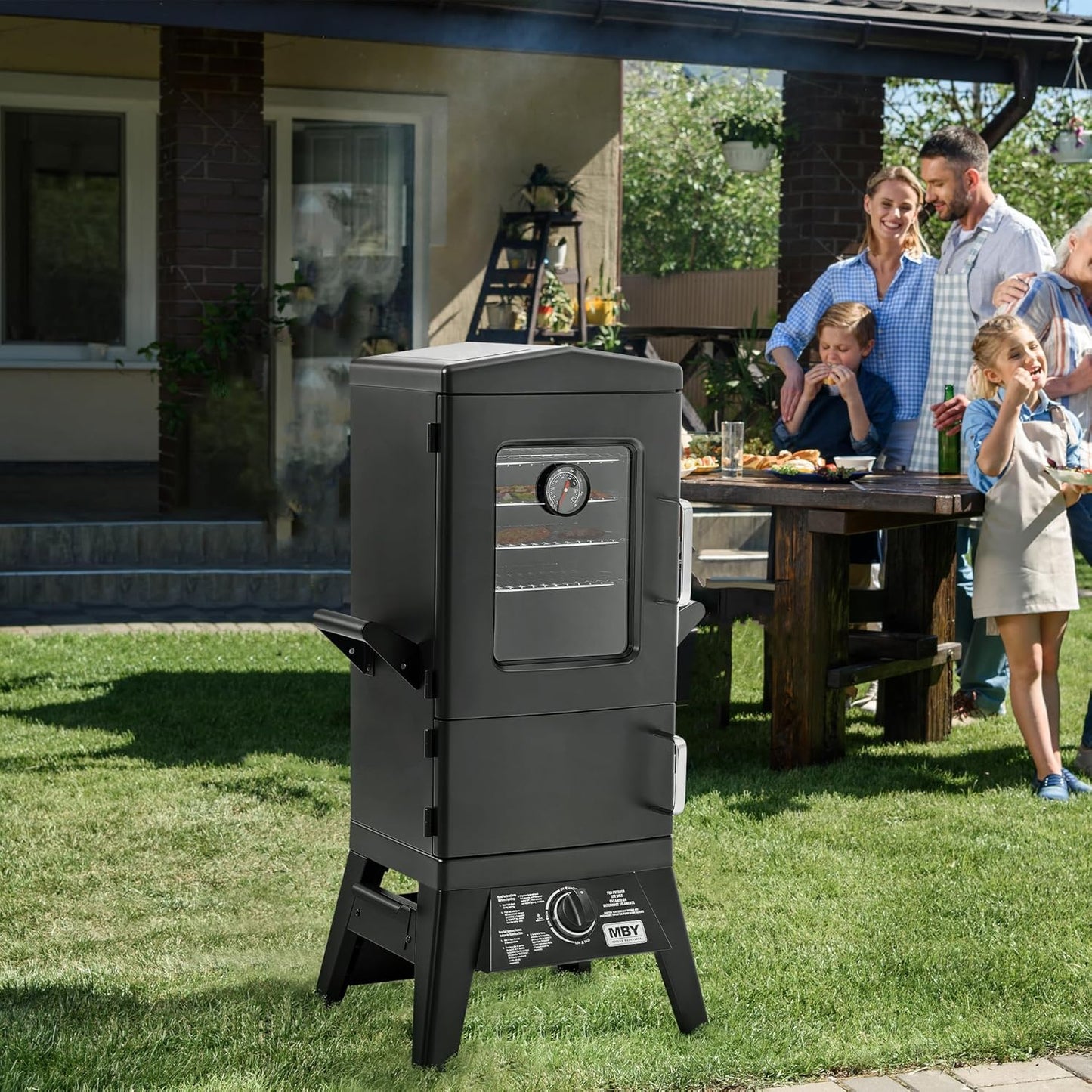 MBY Vertical Propane Smoker Grill with Cover, 4 Removable Shelves, Temperature Control, Heavy Duty Outdoor Gas Smoker for BBQ Cooking