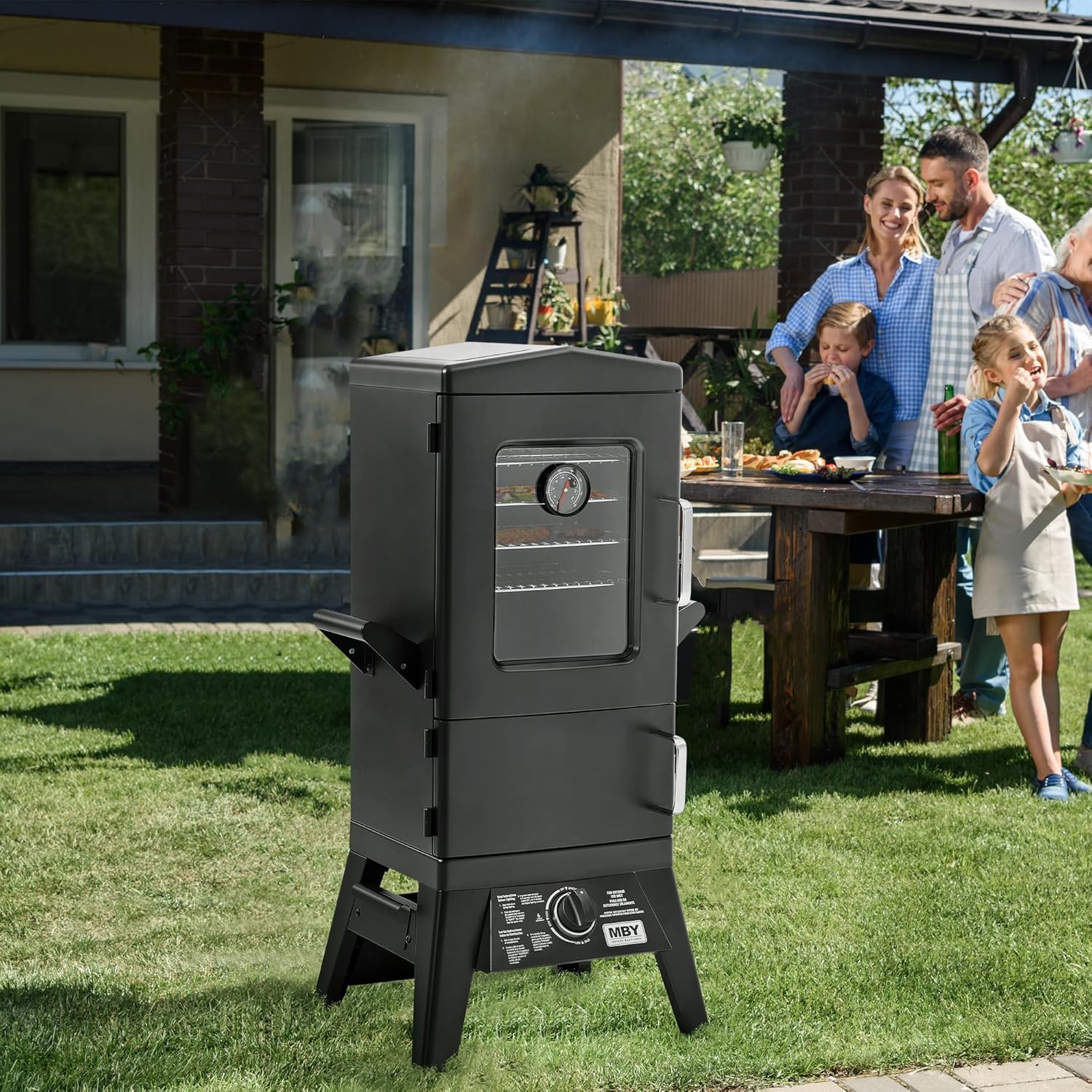 MBY Vertical Propane Smoker Grill with Cover, 4 Removable Shelves, Temperature Control, Heavy Duty Outdoor Gas Smoker for BBQ Cooking