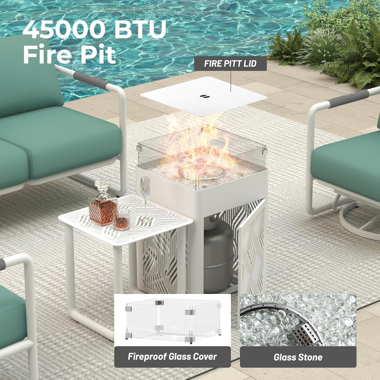 MBY Outdoor Aluminum Patio Furniture Set, 5-Seats Patio Conversation Sofa Set with 2 Swivel Rocking Chairs and 45,000 BTU Fire Pit Table w/Glass Wind Guard, All Weather for Balcony, Garden-White