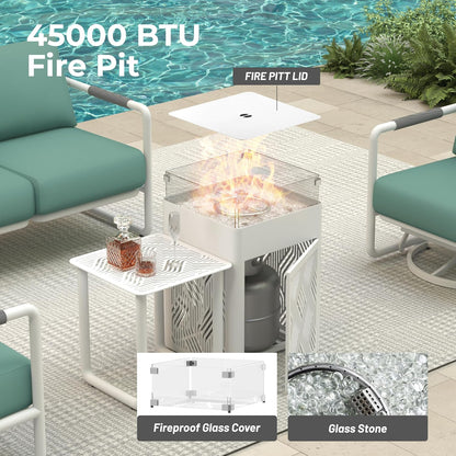 MBY Outdoor Aluminum Patio Furniture Set, 5-Seats Patio Conversation Sofa Set with 2 Swivel Rocking Chairs and 45,000 BTU Fire Pit Table w/Glass Wind Guard, All Weather for Balcony, Garden-White