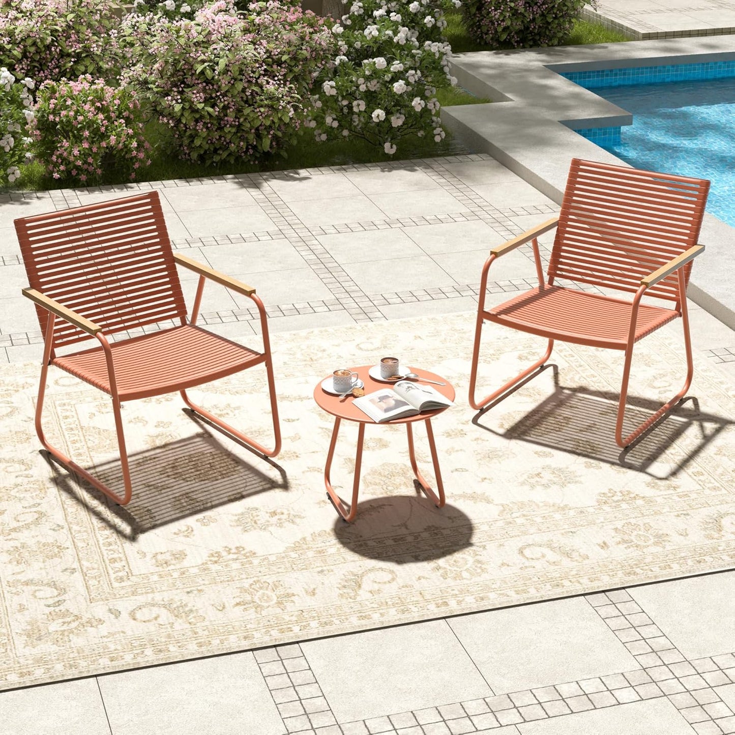 MBY 3-Piece Patio Furniture Set, Compact Outdoor Conversation Set with 2 Chairs and Glass Table, Weather-Resistant for Apartment Patio, Small Spaces, Balcony, Backyard – Orange