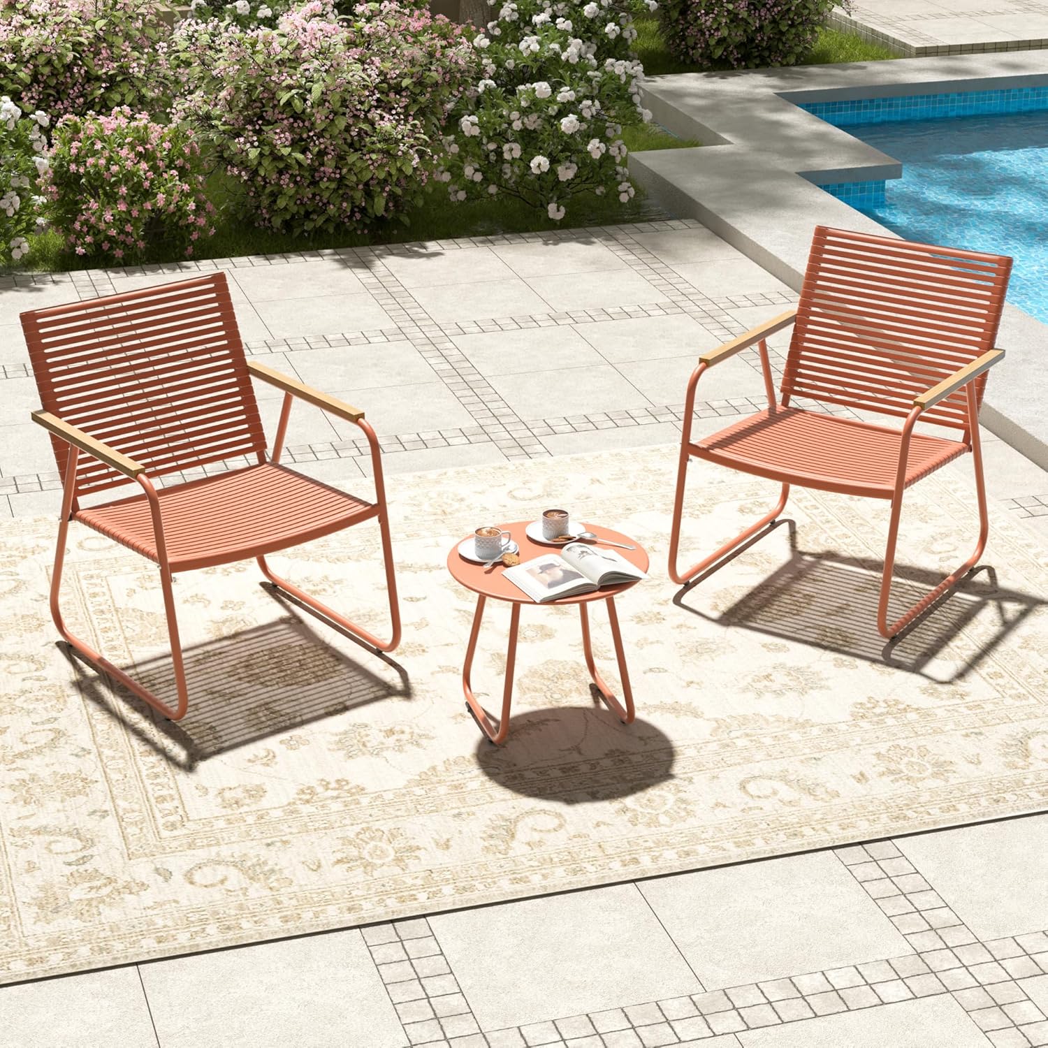 MBY 3-Piece Patio Furniture Set, Compact Outdoor Conversation Set with 2 Chairs and Glass Table, Weather-Resistant for Apartment Patio, Small Spaces, Balcony, Backyard – Orange