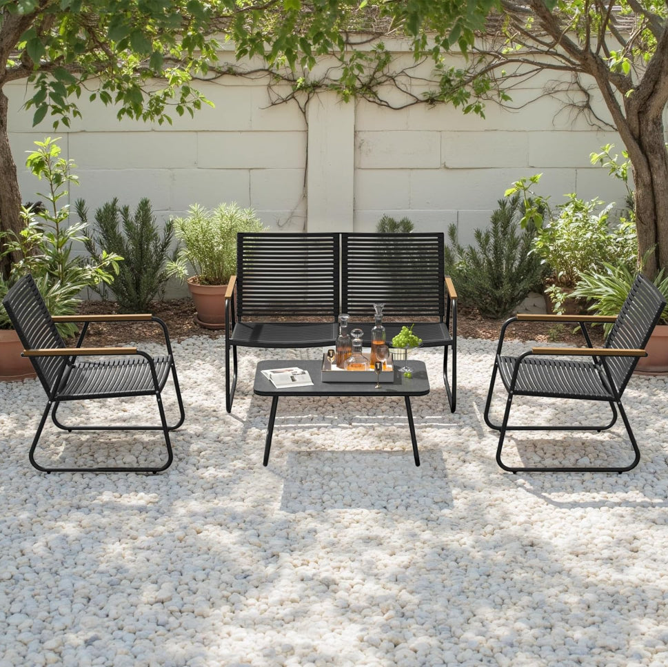MBY 4-Piece Patio Furniture Set, Compact Outdoor Conversation Set with Loveseat, 2 Chairs and Glass Table, Weather-Resistant for Apartment Patio, Small Spaces, Balcony, Backyard – Black