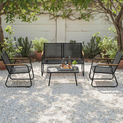 MBY 4-Piece Patio Furniture Set, Compact Outdoor Conversation Set with Loveseat, 2 Chairs and Glass Table, Weather-Resistant for Apartment Patio, Small Spaces, Balcony, Backyard – Black
